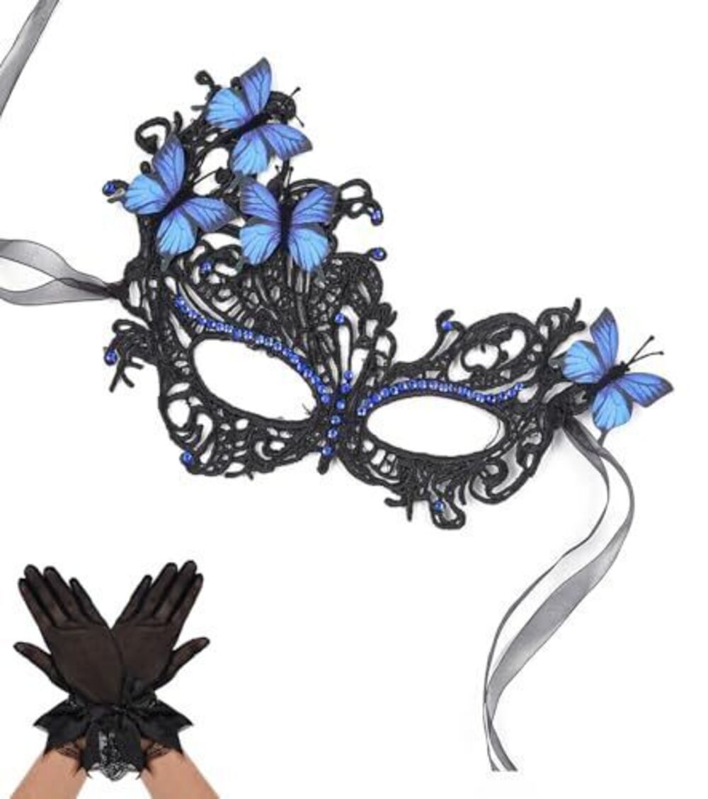 5784 Halloween Lace Masquerade Mask & Gloves Set Venetian Butterfly Eyemask